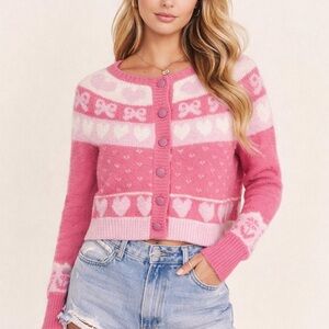 LoveShackFancy Pink & Light Pink Heart and Bow Button-Front Cardigan
